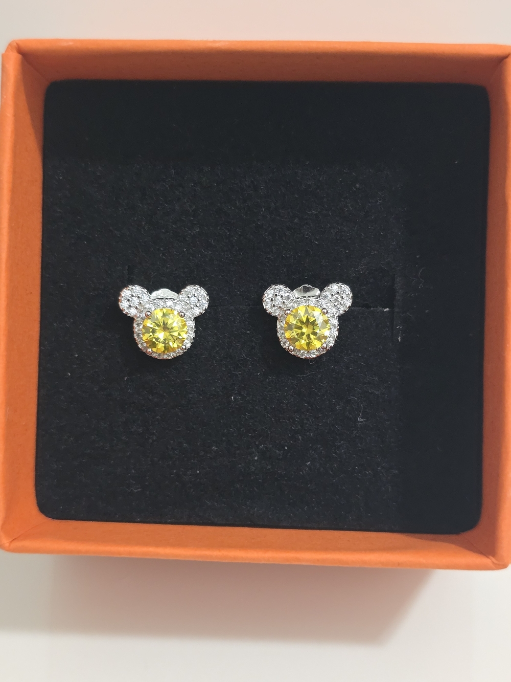 Yellow Moissanite Crystal Mickey Mouse Stud Earrings Silver Tone